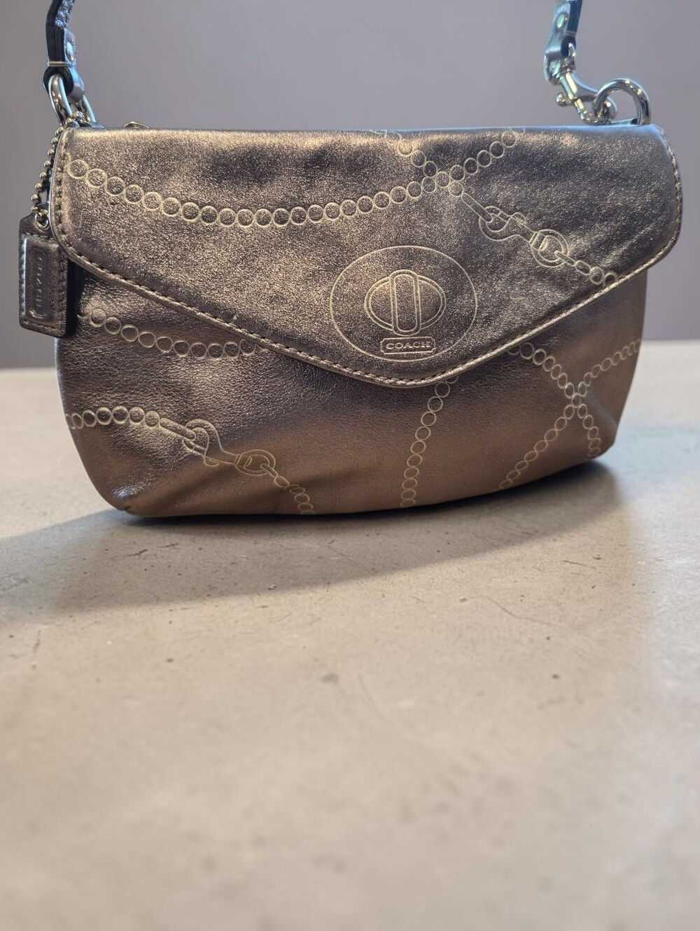 Coach Leather Metallic Silver Chain-Embossed Demi Flap Shoulder Bag - Picture 4 of 8